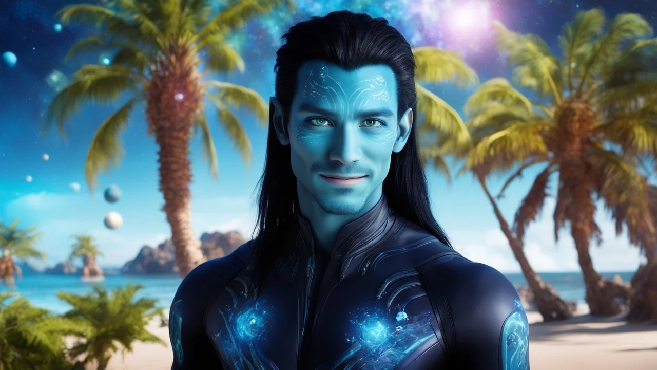 beautiful gorgeous young man na'vi with long hair, Avatar, blue skin, two small ears, green eyes, black hair, in cosmic suit, galactic ambiance, medium pointy goatee , smiling, with spaceship and planets and palm trees and clear crystaline cosmic beach in background