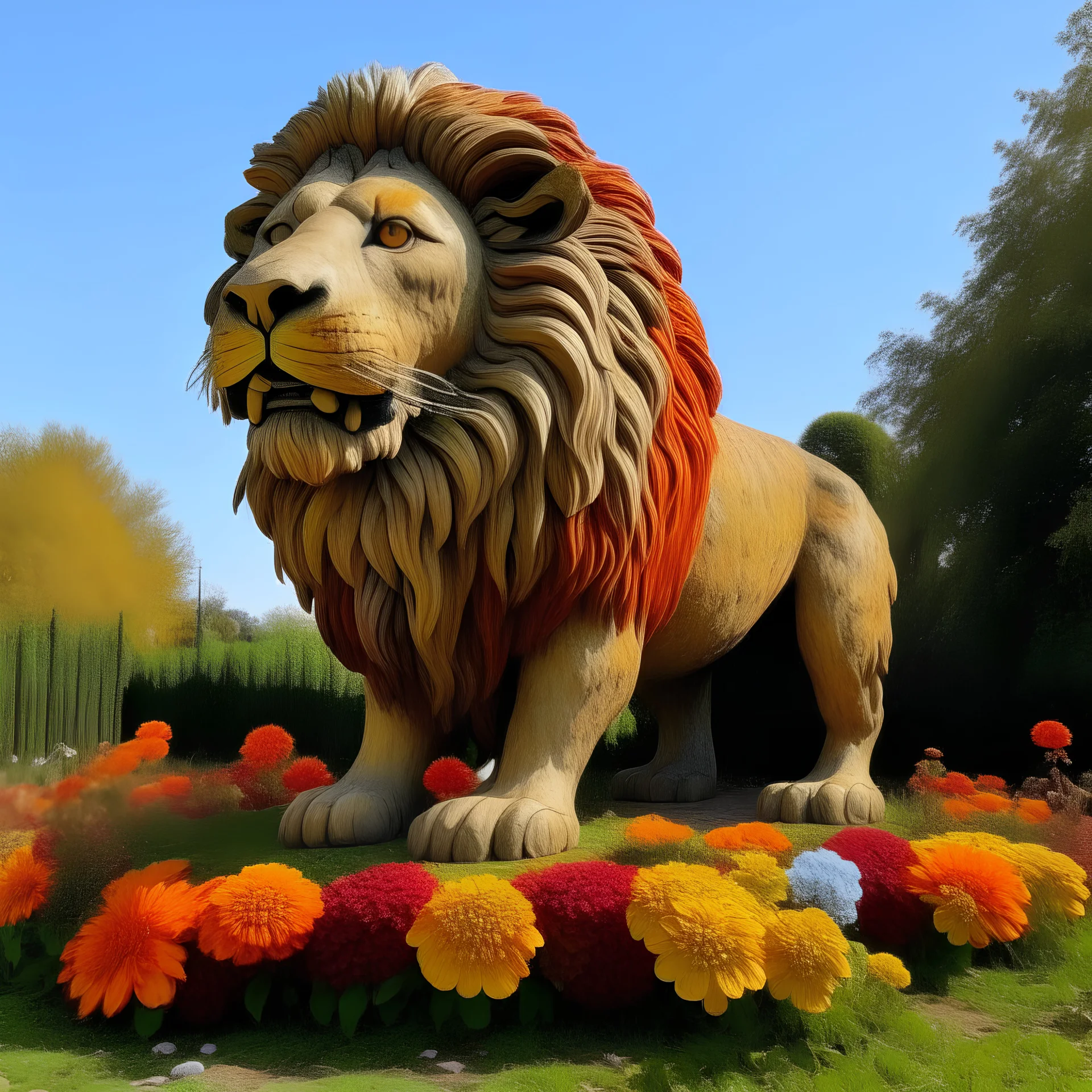 A giant flowered lion in a park