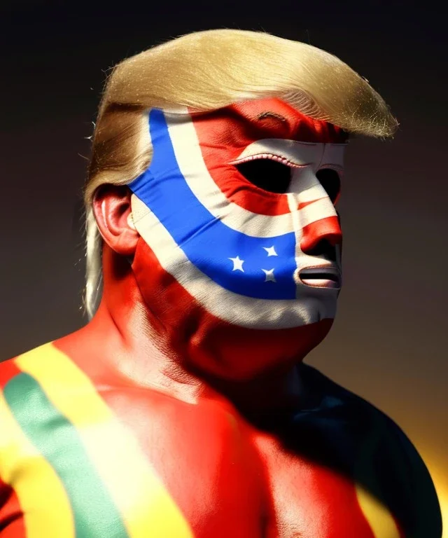 Realistic image of Donald trump wrestler, Mexican wrestling style, Mexican wrestling mask, chin and nose visibles, red and blue breeches, glow us flag dress, suspenders, retro style, 80s, vibrant color, highly detailed, sky background, concept art, unreal engine 5, god rays, ray tracing, RTX, lumen lighting, ultra detail, volumetric lighting, 3d, finely drawn, high definition, high resolution.