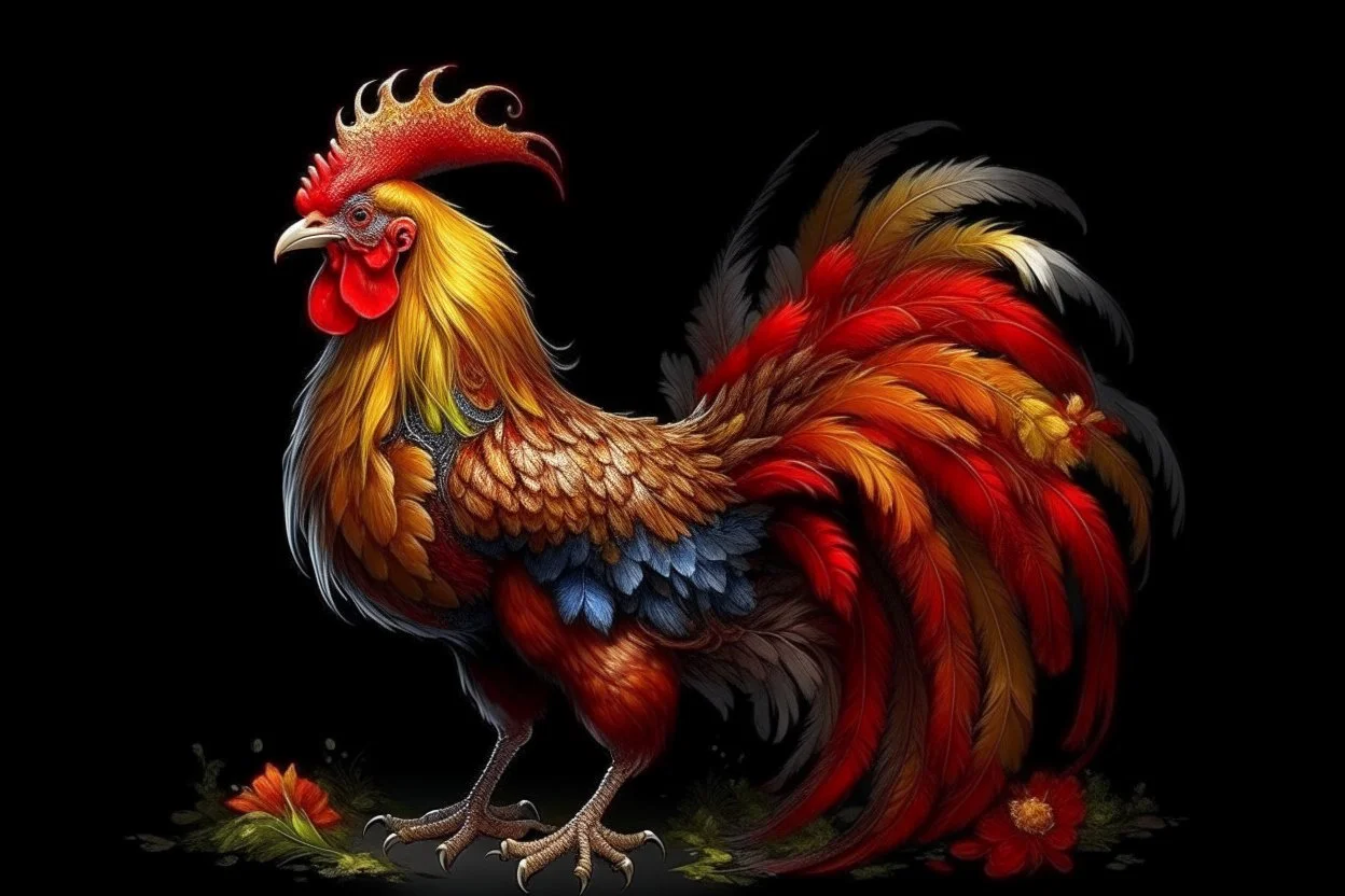 Emblaziken is a majestic, flame-covered rooster with feathers that resemble traditional Chinese imperial robes. Its tail feathers are long and fiery, resembling the elegant tails seen on Chinese dragons. The rooster's comb is shaped like a crown, symbolizing its regal presence.