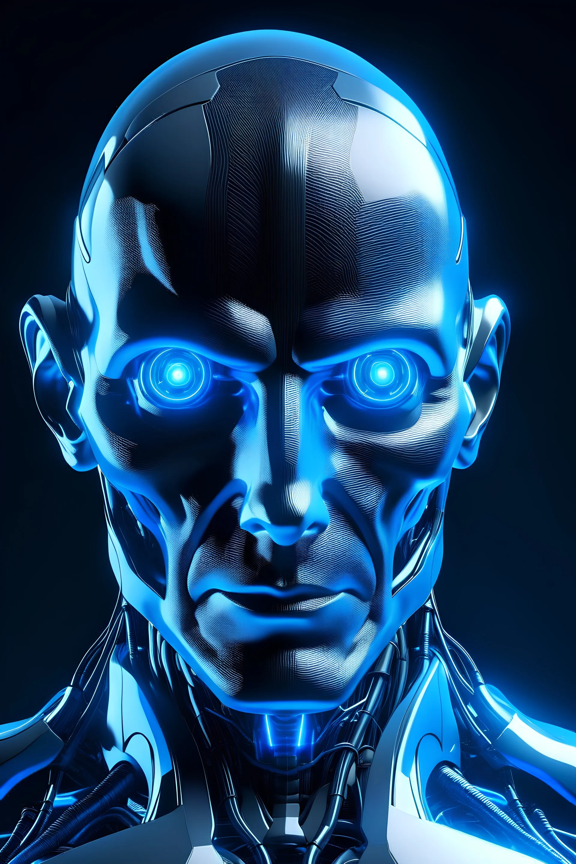 Bionic Science Man with a robotic head complete with a luminous blue laser and an eye
