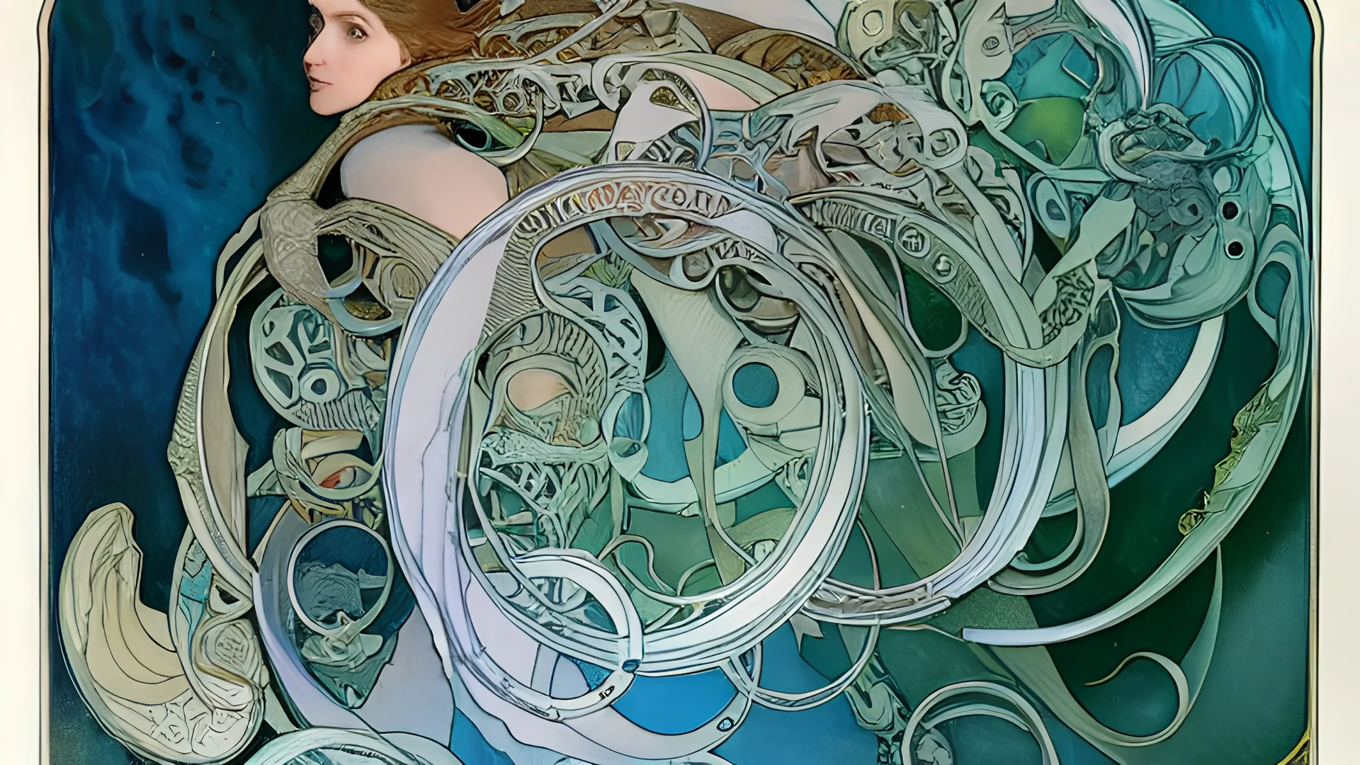 art by Alfons Mucha and Roger Dean, Ouroboros, infinity symbol, mystical, mechanistic, metaphysical, serpentine, cosmic, nebula, HD 4K, sharp detail, photo-realistic, octane rendering, award winning photography, cinematic lighting