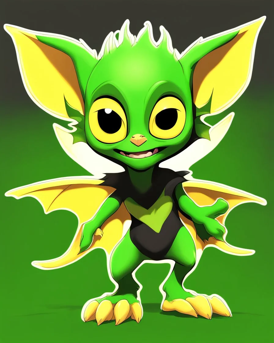 Flux P: a small gremlin, with large expressive yellow eyes and oversized ears that resemble bat wings. The creature has a vibrant green, slightly scaly skin, and a playful, mischievous expression. It sits in a dynamic pose, with a curled tail and pawed feet featuring sharp, claw-like toes. The background is minimalistic and bright white, emphasizing the creature's vivid colors. The lighting is soft and even, highlighting the detailed textures of the skin and the glossy shine of the eyes. The ove