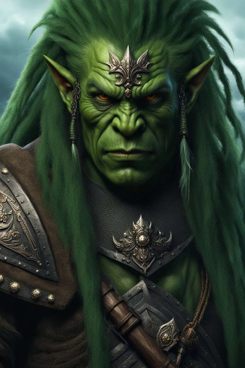 portrait of a green skinned orc warrior. braided hair. wearing ornaments. Carrying a battleaxe. High resolution. 4K. 8K. Fantasy style.