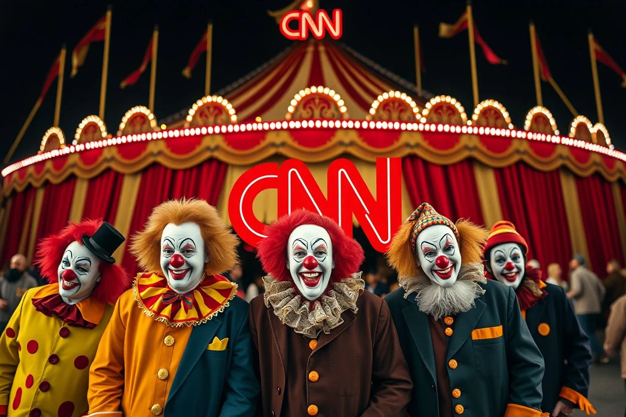 a group of clowns in front of the circus with a CNN logo