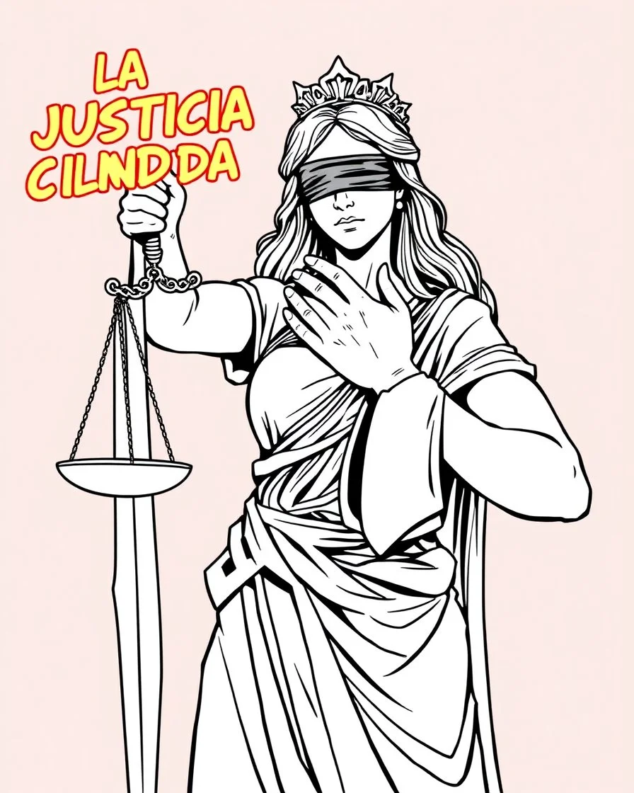 Comic book style illustration, line art of lady justice with scales and sword, with a stranger's hands (((covering her mouth))). Blindfolded, and with the Text "LA JUSTICIA CIEGA Y MUDA"