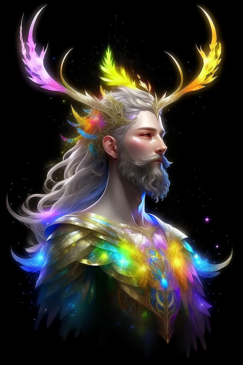 prismatic hair ethereal transparent prism Eladrin astral Male antlers druid beard sparkling radiance prismatic shining starlight enshrouded