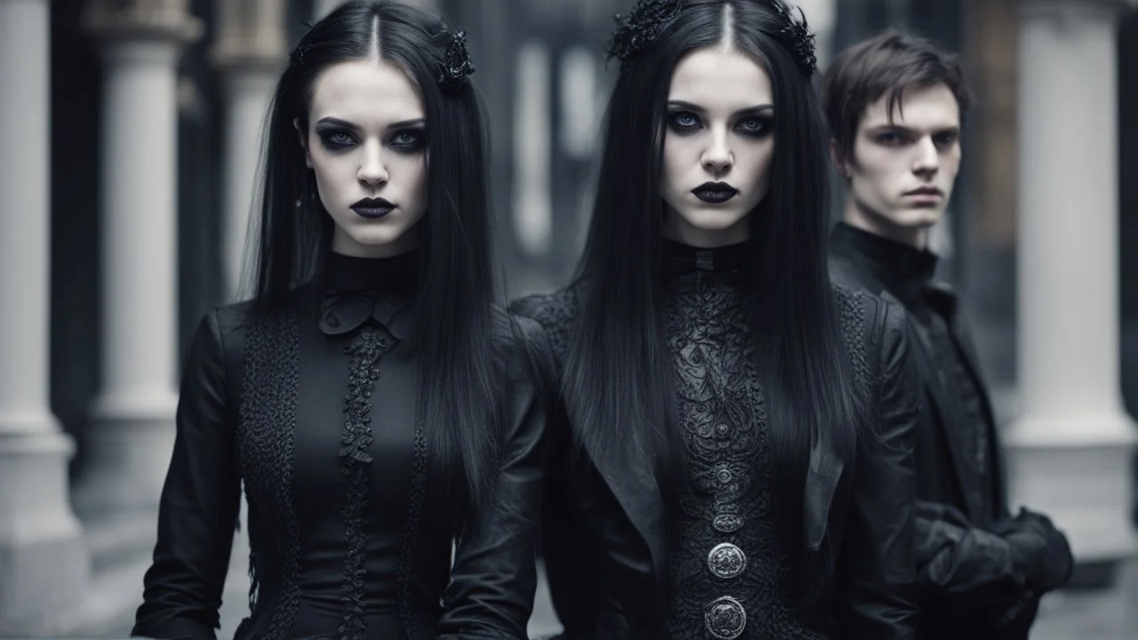 goth fashion, women and men in nice goth clothes, High detailed, sharp focus, looking at the camera, cinematic, masterpiece, high realistic, fashion photo