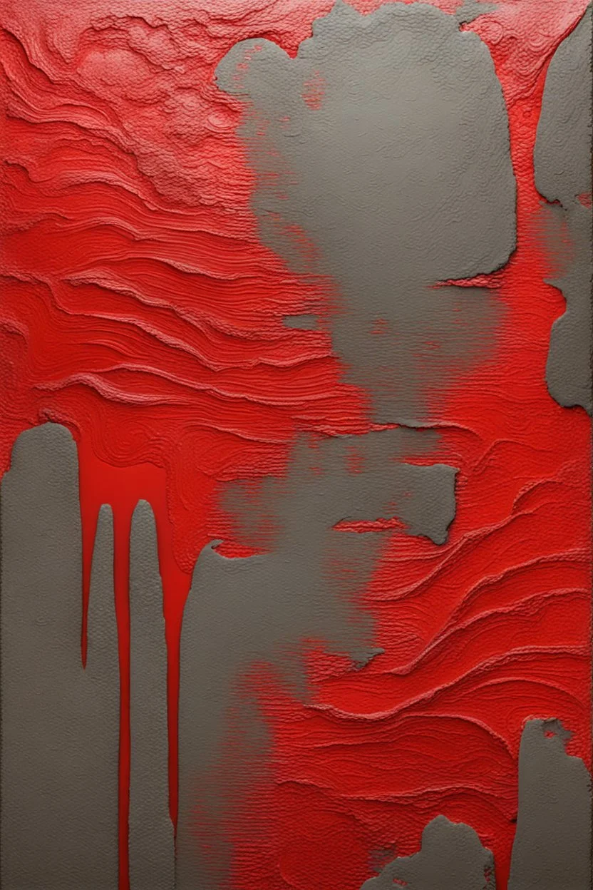 Oil painting made of red paint, thick cement layers