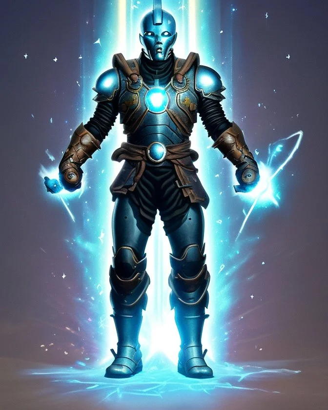 An armor made of a mixture of steel and leather, worn by a strong commander with magical power K's infinity gauntlet has six infinity stones While standing on a majestic height from afar A flaming-eyed commander with flaming light blue pupils stands atop a squire