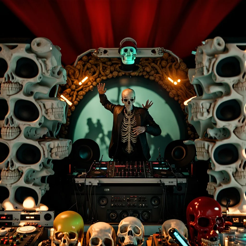 DJ of the damnded, insanely detailed DJ booth in hell, MID set, speakers and equipment made of bone, anatomically correct, add more skulls in th audience, photorealism, vray, 8k 3d