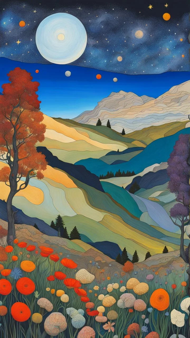 Many colors, peaceful, Egon Schiele, Max Ernst, night sky filled with galaxies and stars, rock formations, trees, flowers, one-line drawing, sharp focus, 8k, deep 3d field, intricate, ornate, one million strokes