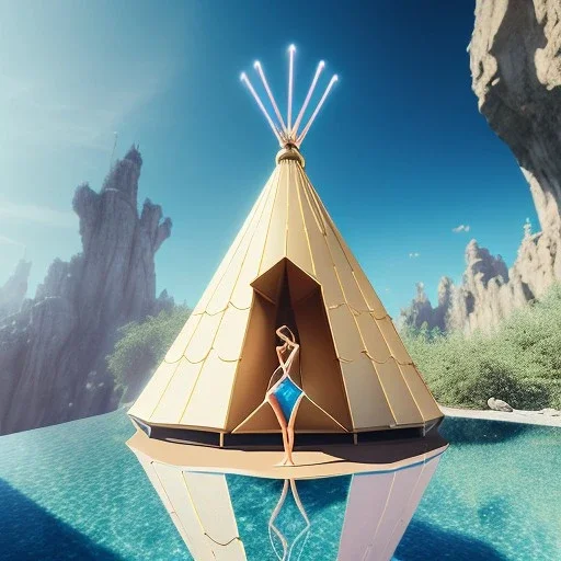 calm yoga artist in tipi, smoking pool, maze background ,chain levitated, levitated lab equipment, 4k, Highly Detailed, Masterpiece, perfect eyes, Digital Illustration, Cinematic Lighting, Realistic, Sharp Focus, Centered, Beautifully Lit, Bioluminescent by Stanley Artgerm Lau