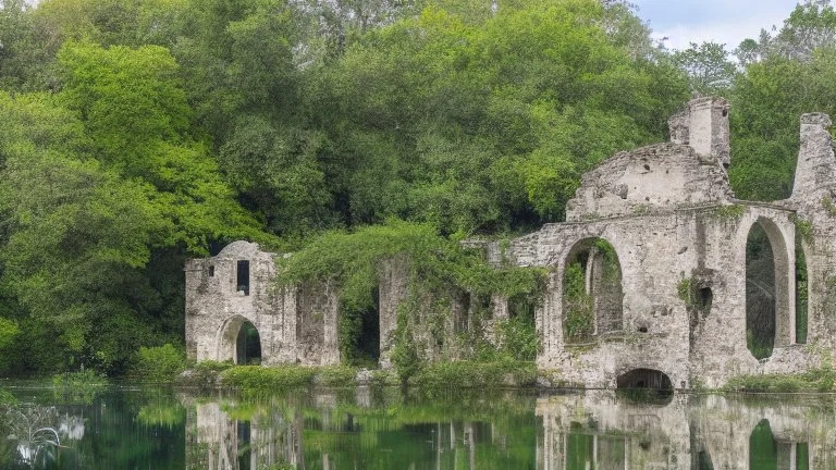 A ruined stone building partially submerged in a lake, balconies, verandas, arches, bridges, spires, stairs, trees, dense foliage, spanish moss, ivy, blue sky, white clouds