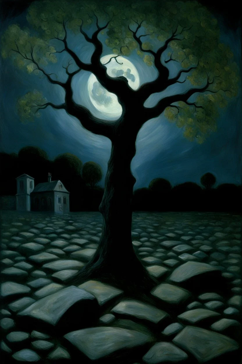 Night, tree leaves, moon, rocks, clouds, creepy gothic movies influence, horror, gustave caillebotte, alfred satw impressionism paintings