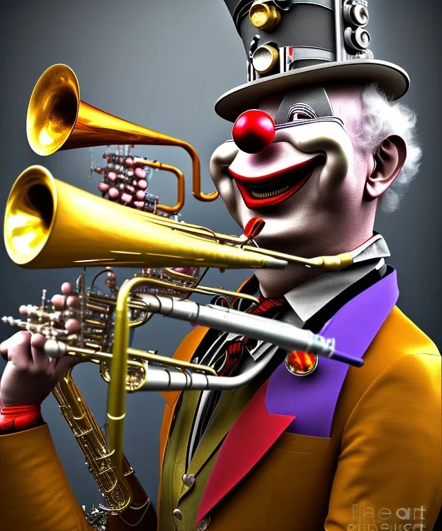 mechanoid happy friendly fat clown playing jazz with a steampunk theme, trumpet, realistic