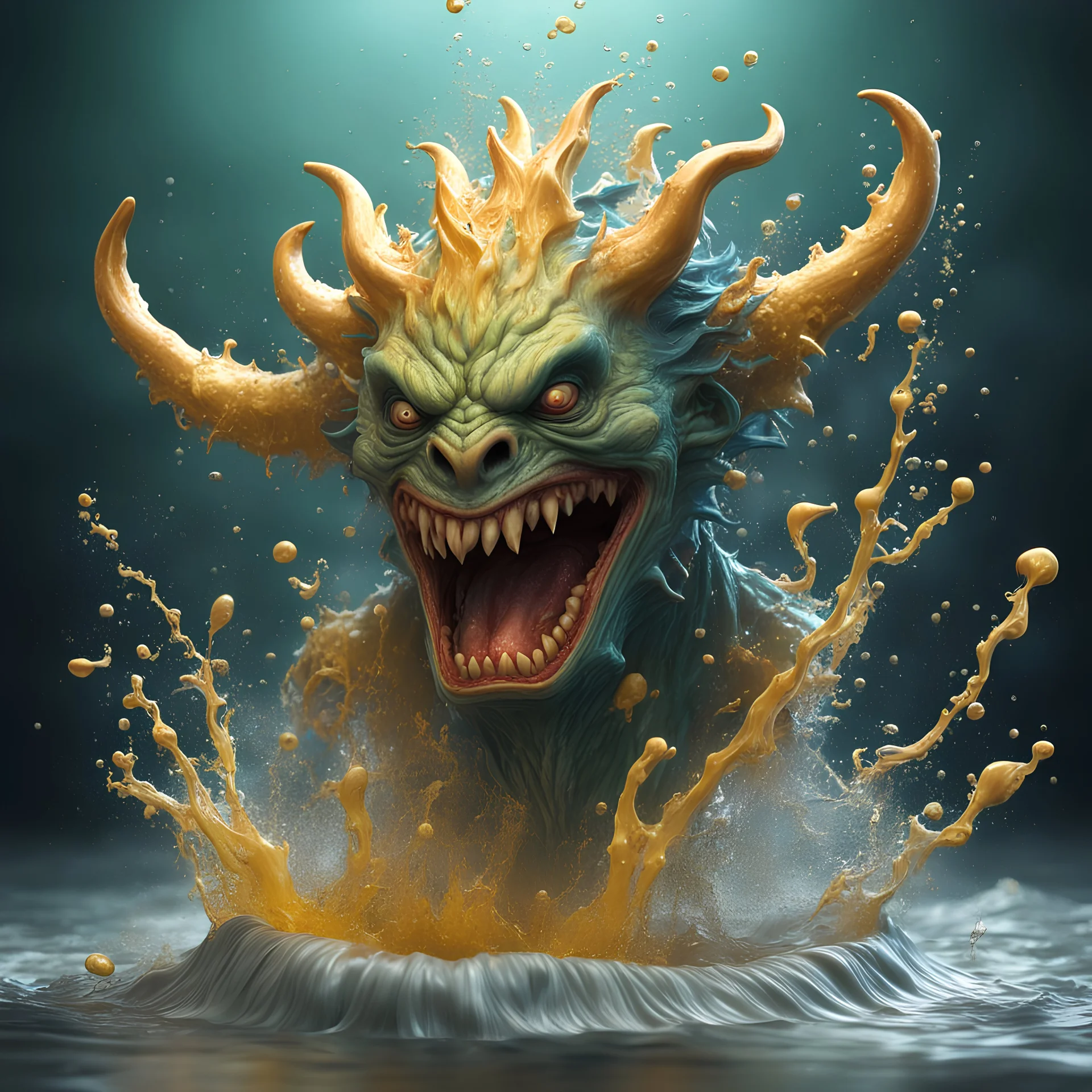 3d The scariest demon monsterclay style, water splashing of monster out from liquid effect, very happy, gold colours, dominating the wave, fully magical forest in the middle, splashes around