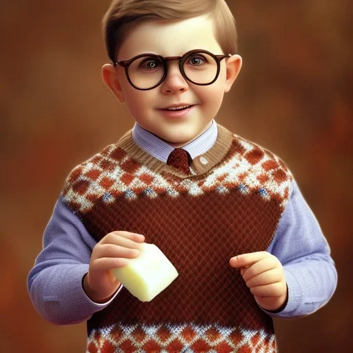 Peter billingsley chubby kid Tortoise-shell glasses, Holding a ((dark red bar Of soap)) in his hand, brown argyle sweater