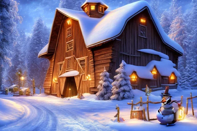 A barn in December, with snow on the ground, Pixar, Dreamworks, Disney