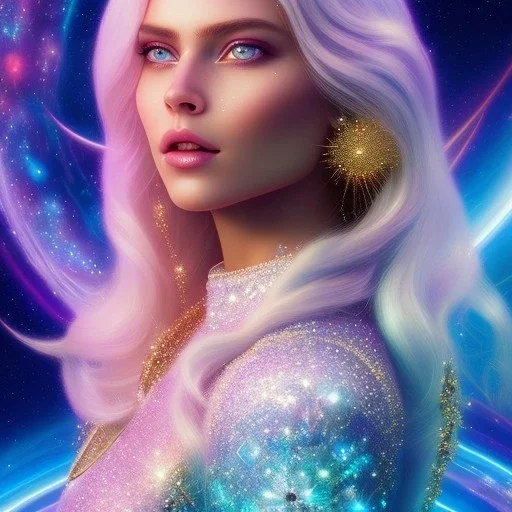  full body white goddess woman glitter smiling long blond hair blue eyes in a galactic ambiance, delicate colors in the foreground, full of details, smooth, light effect，vaporwave colorful, smooth, extremely sharp detail, finely tuned detail, ultra high definition, 8 k, ultra sharp focus