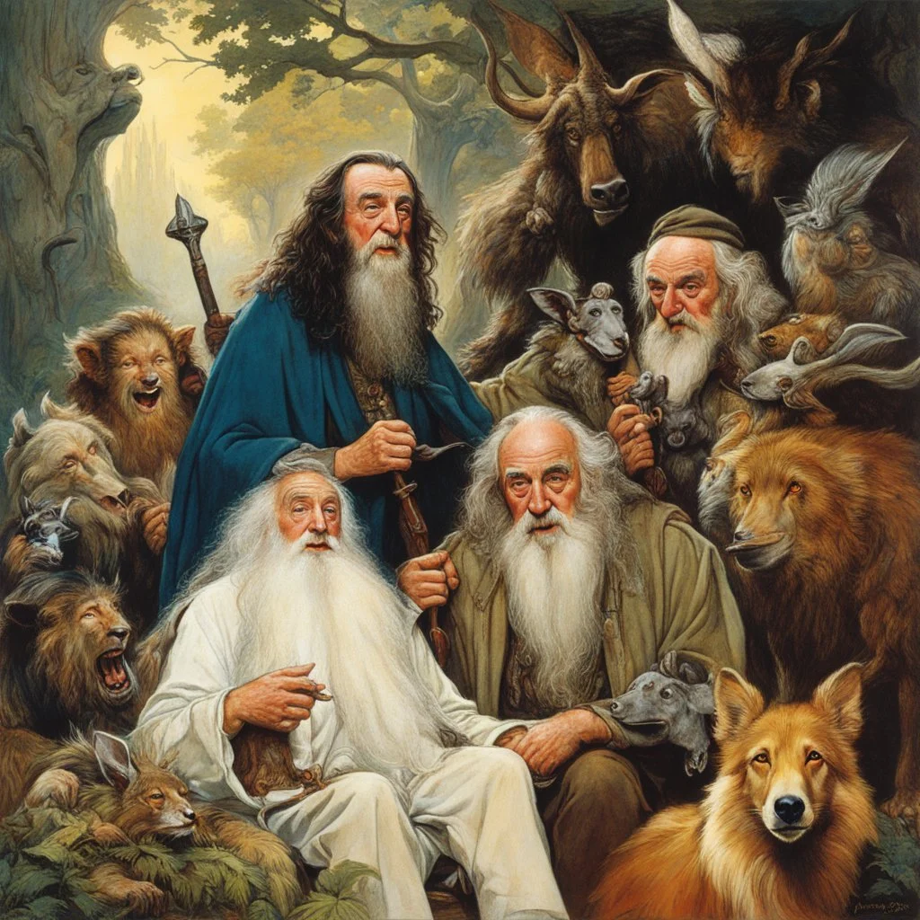 [art by Norman Rockwell: three Middle-earth Istaris are Jonathan Pryce, Sylvester McCoy and Jean Rochefort] Radagast, with his unkempt hair and a menagerie of animals, shared a hearty chuckle with Saruman, the wise and cunning Istari. And there, in the midst of it all, stood Gandalf, a twinkle in his eyes as he joined in the mirth.Their laughter echoed through the night, a rare moment of camaraderie amidst the chaos of their journeys.