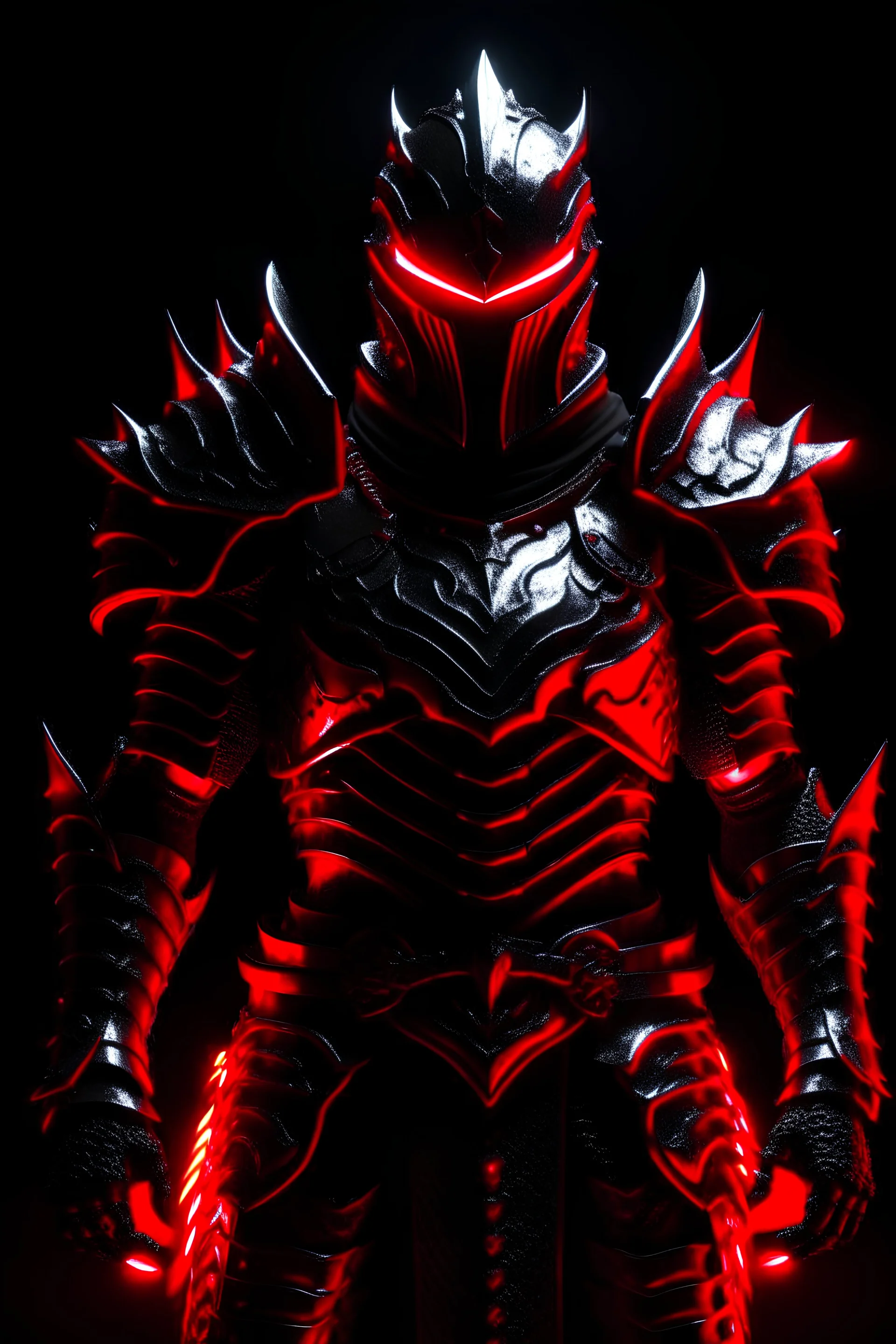 a super villian in black metal armor with red glowing light along the edges of the plates