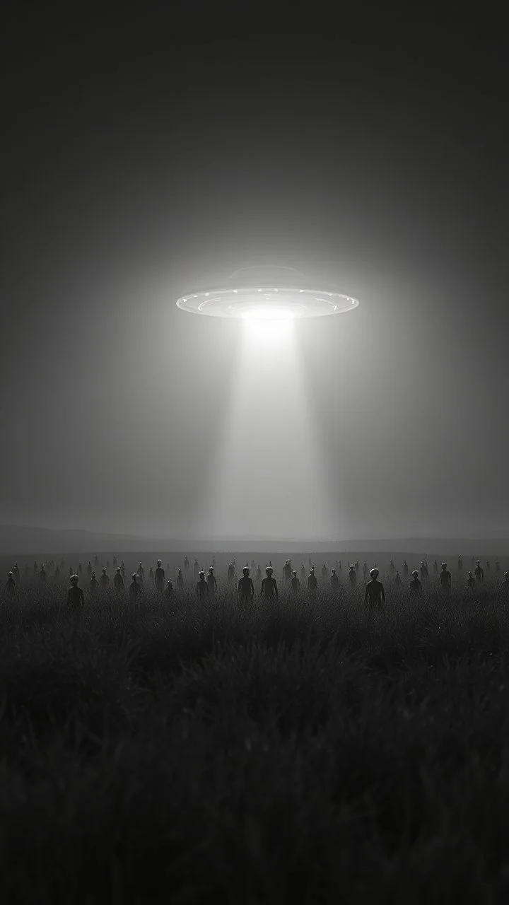 A field filled with aliens in a bright light at the end of the picture a ufo object , cinematic, 8k, in black and white