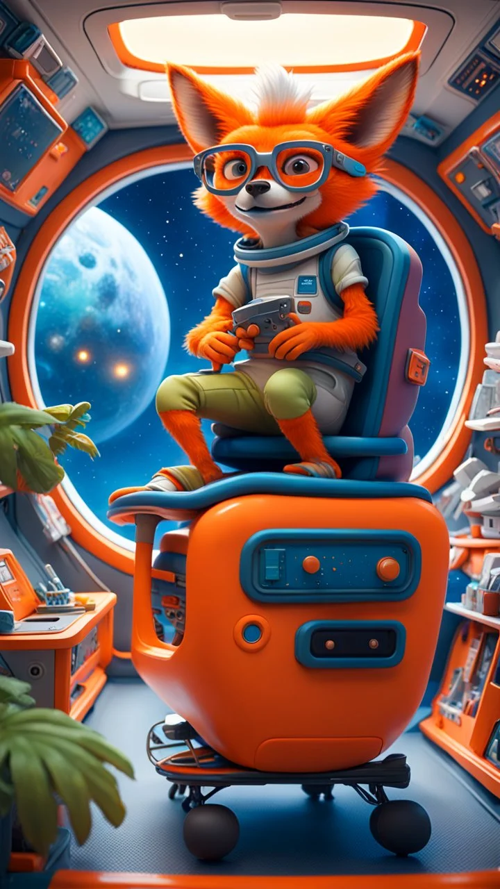 big ass space hairy hi tech alien cowboy gremlin orange fox with glasses in tiny cart chair floating around in space in a weird living space camper ship driving down weird twisted track in space station jungle, spell jammer, Pixar-inspired, expertly crafted in a whimsical and vibrant cartoon style. is masterfully rendered in a lifelike 3D design, which captivates viewers with there irresistible charm. The background is filled with warm, inviting colored stars and a 3D render, creating a cinemat