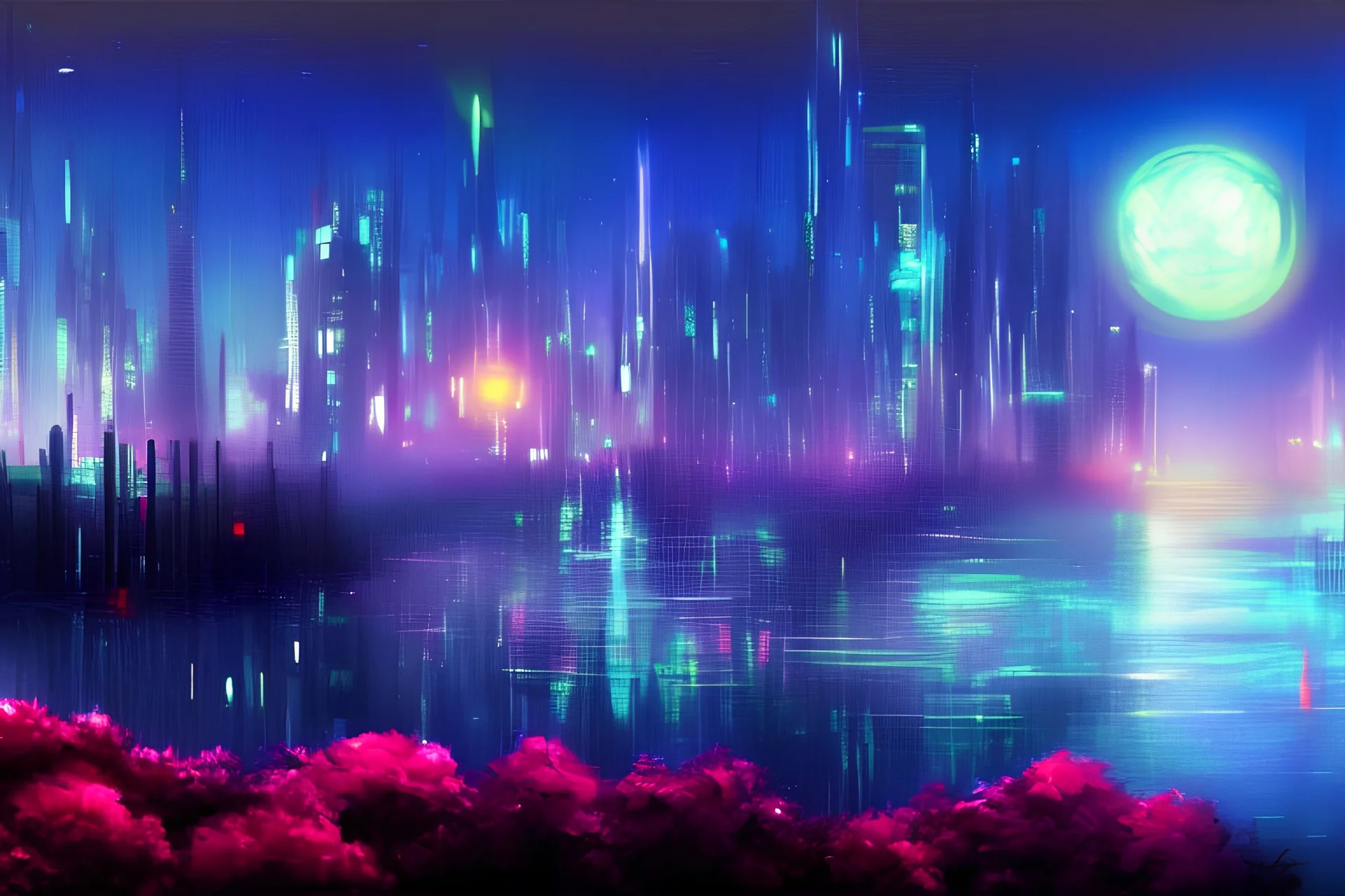 Night, distant futuristic city, flowers foreground, lagoon, concept art, impressionism influence, realistic painting