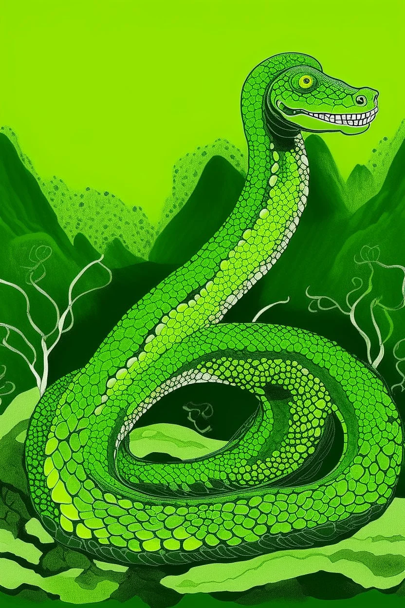 A lime green poison elemental snake designed in native American petroglyphs painted by Katsushika Hokusai