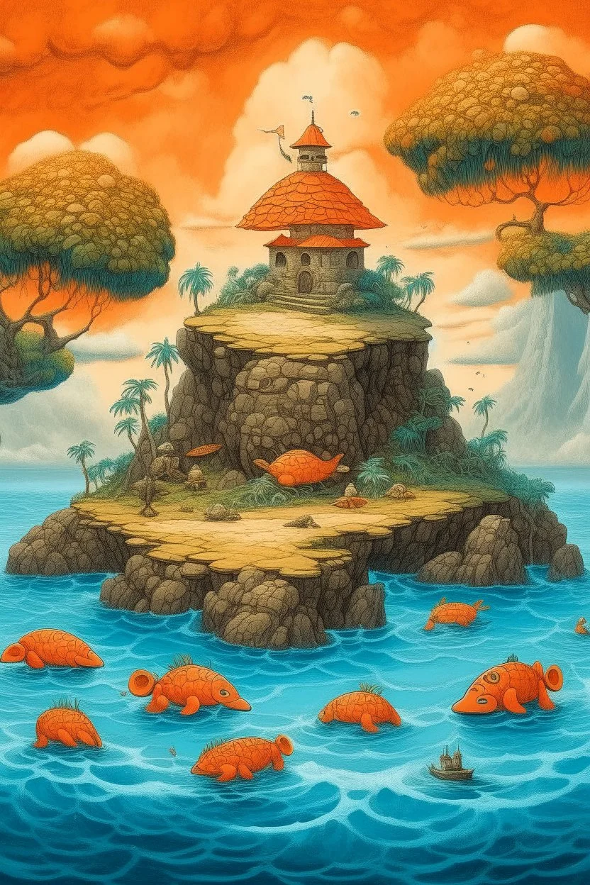 A salmon orange colored island with turtle tikis in a thunderstorm designed in Ica stones painted by Pieter Bruegel the Elder