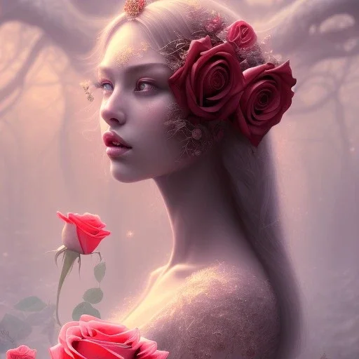 red rose beautiful girl,utra realistic,highly detailed, masterpiece, sharp focus, insanely detailed, fantasy art, intricate detailed, elegant, fog, Special Lighting, Vibrant, color Scheme, forest, unreal engine 5, trending on artstation