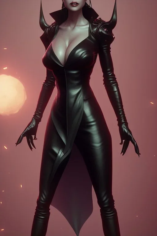 Brandi Love in black leather gown, evil,energetic, villain, busty, cleavage, curvy, angry, happy, stern look. character design by cory loftis, fenghua zhong, ryohei hase, ismail inceoglu and ruan jia. unreal engine 5, artistic lighting, highly detailed, photorealistic, fantasy