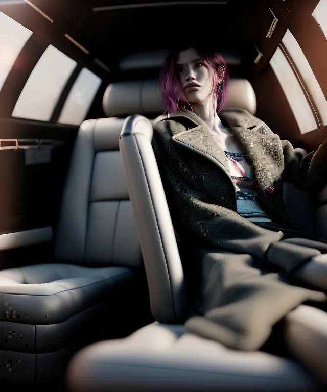 Ultra realistic back seat of limousine image, wide angle view, homeless woman, many color balls, grunge clothing, long hair, smoke, feather long coat, soft color, highly detailed, unreal engine 5, ray tracing, RTX, lumen lighting, ultra detail, volumetric lighting, 3d, finely drawn, high definition, high resolution.