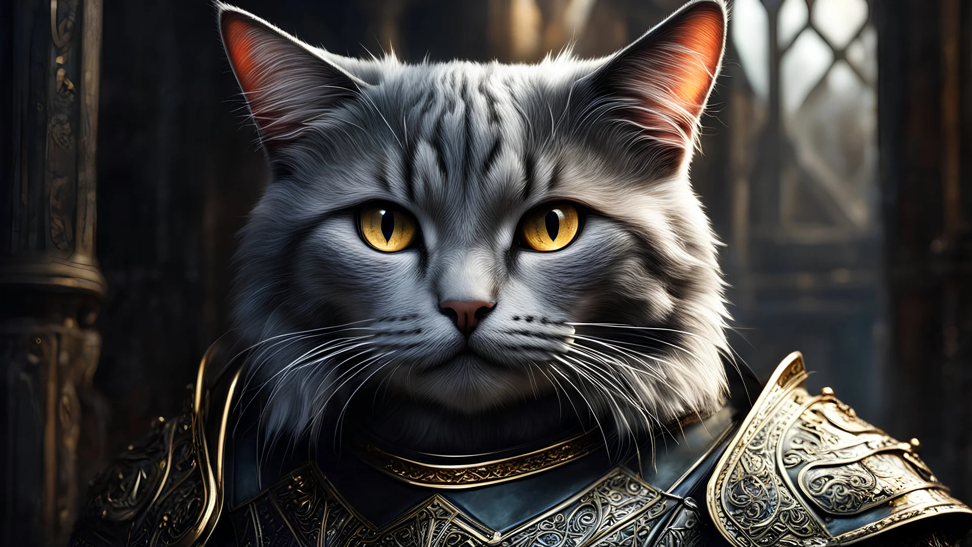 (realistic:1.3), poster,intricate details,painting \(artwork\), ((masterpiece,best quality)), ((cinematic light)), cat,hybrid,hyperealistic, scary, dark fantasy \(style\), detailed armor