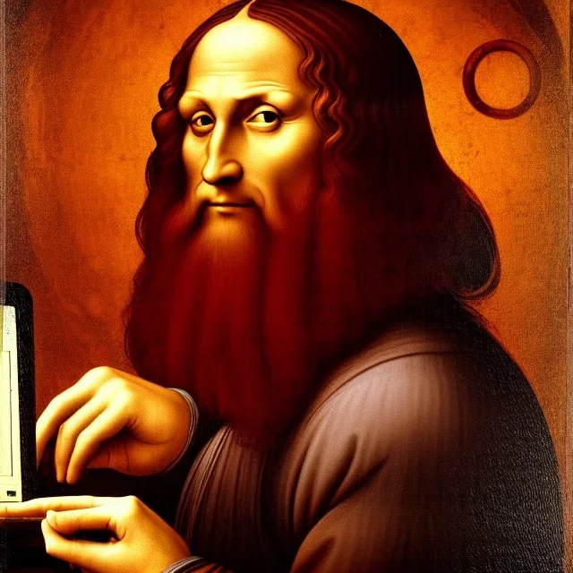 leonardo da vinci with computer. creating in photoshop. hyperdetailed, warm colors, movie poster, photoillustration, oil on canvas, lens flare