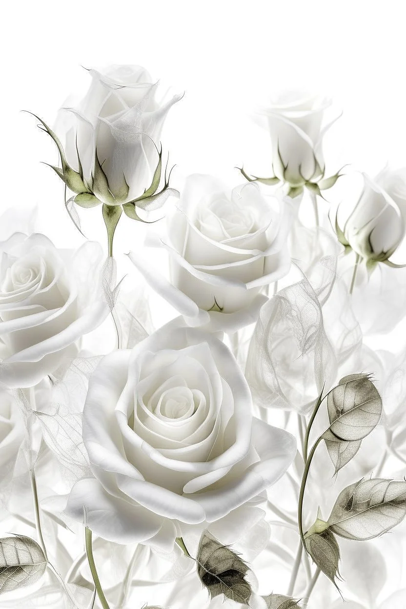 All white textured white transparent leaves of glassy roses plant in the middle of the picture , in a white background