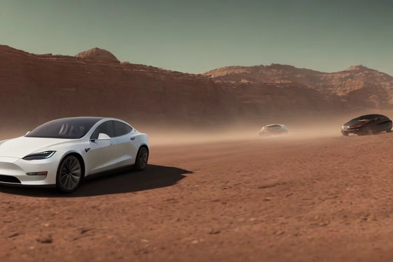 A Tesla 'Model S' is racing at top speed, in Mos Eisley on the planet Tatooine. (CINEMATIC, WIDE ANGLE LENS, PHOTO REAL)