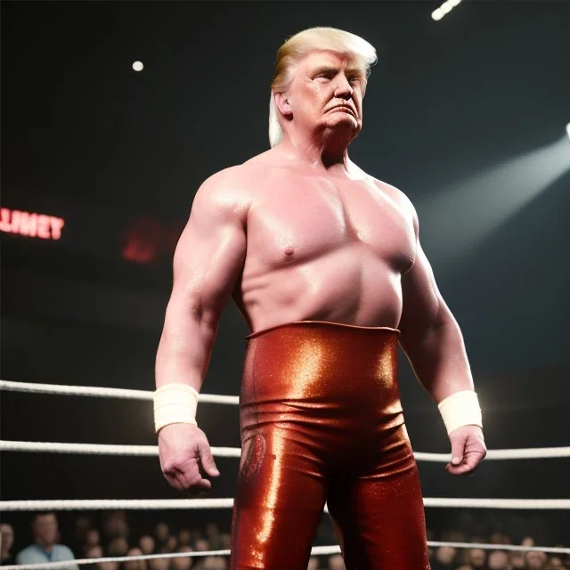 Realistic photo, Wrestler Donald trump, wrestling, sweat, blood, red breeches, suspenders, retro style, 80s, hot ambient, photo studio, vibrant color, gradient, highly detailed, art stations, concept art, smooth, unreal engine 5, god rays, ray tracing, RTX, lumen lighting, ultra detail, volumetric lighting, 3d, finely drawn, high definition, high resolution.