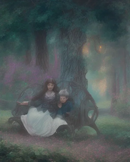 park mystical dream, park bench, man, woman, child, dog, trees, path, bird, sunshine, mystical, fantasy, romanticism, pastel colors, daylight, daytime, acrylic painting, detailed, soft focus,