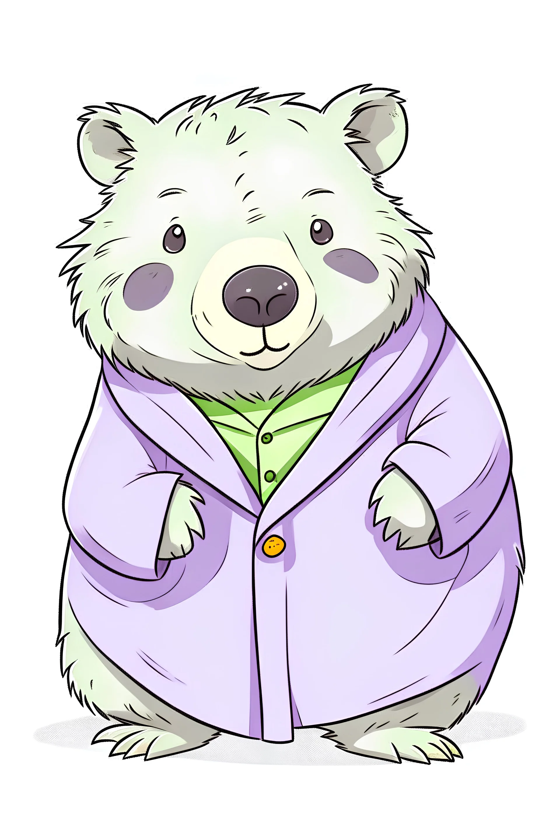 Wombat in purple hospital gown, cute cartoon