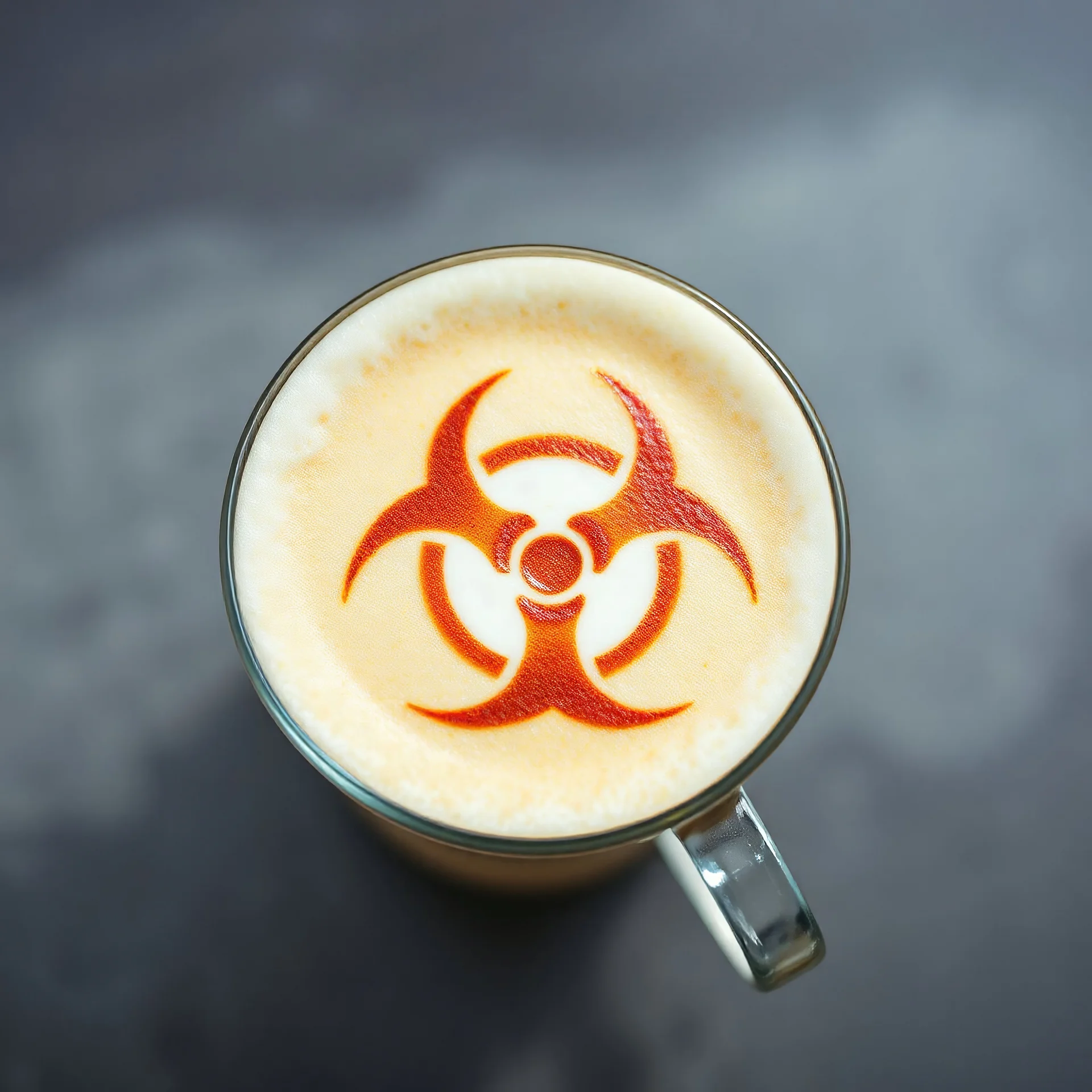 close up top-down view of a latte with a biohazard sign in the milky foam, professional photography, looks like an advertising campaign photo, delicious