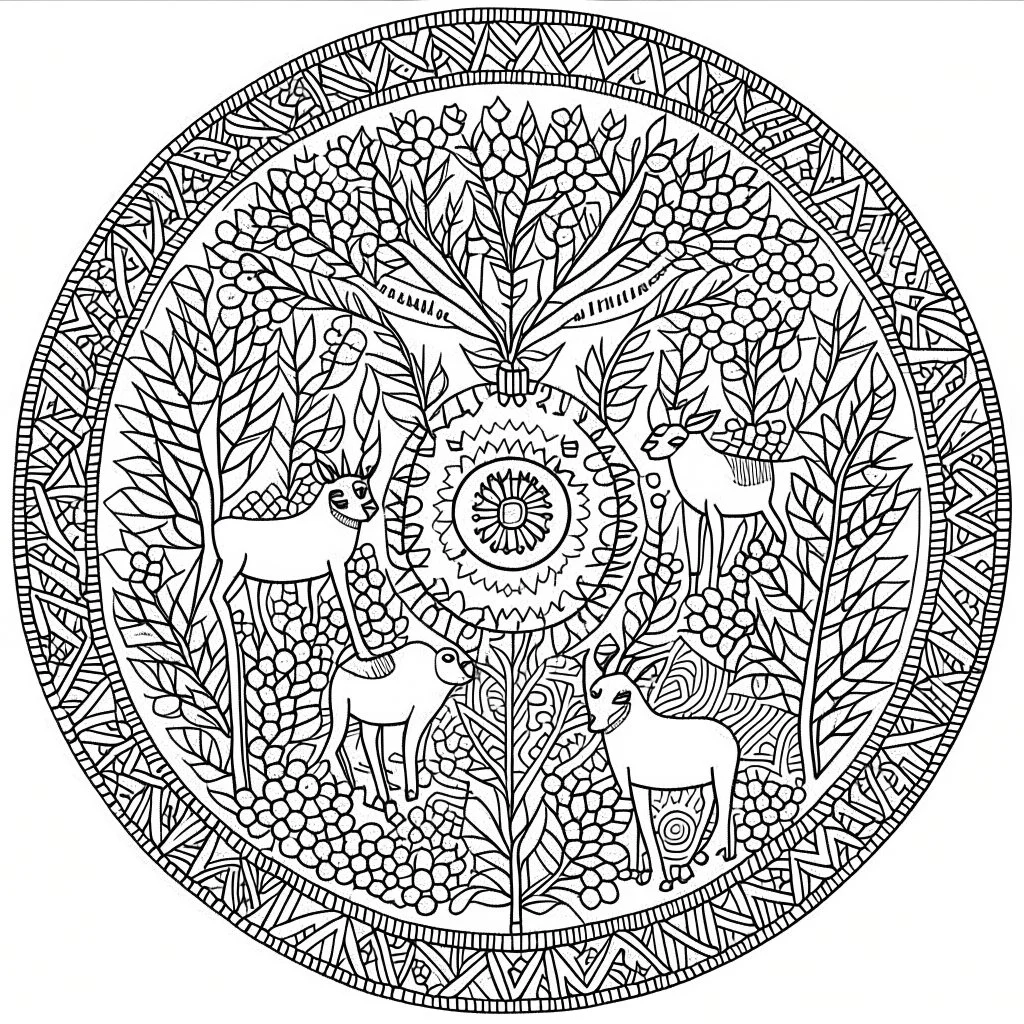 forest creatures, mandala coloring sheet features strange and imaginative, Draw clean lines in a 3:4 aspect ratio on a white background, embracing minimalistic black lines and low-level black colors. Craft a coloring page with perfect, clear lines, avoiding repeated images, sketching, and thick black colors.