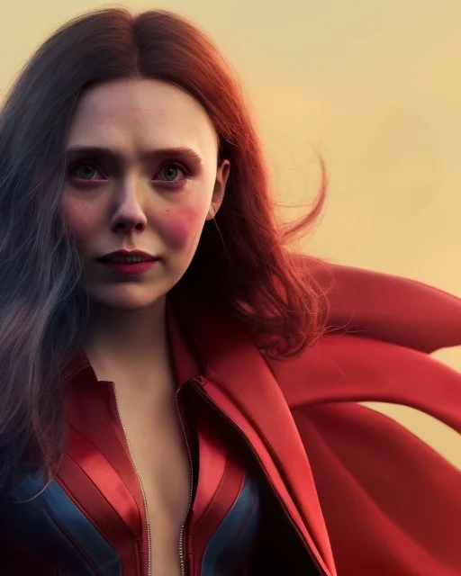 Wanda Maximoff, Elizabeth Olsen, voando e atacando algo, magia vermelha, rajada de energia, cores frias e escuras, dramático, feiticeira escarlate