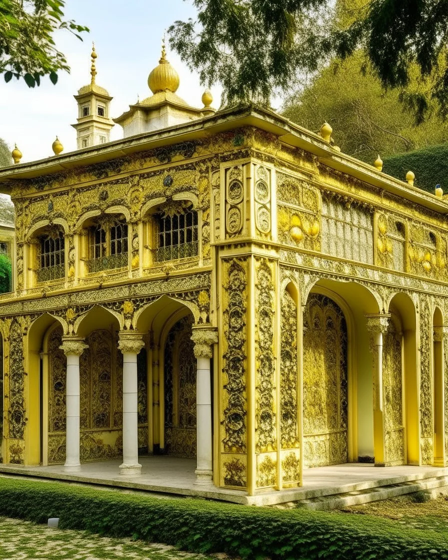 A pale yellow palace covered in gold designed in Mexican folk art painted by Jackson Pollock