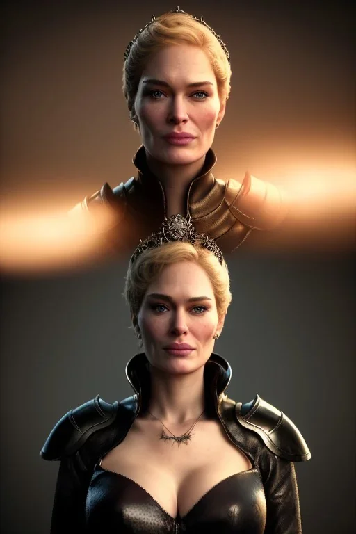 Cersei Lannister as evil queen in black leather, busty, cleavage, curvy, lena headay, angry, stern look. character design by cory loftis, fenghua zhong, ryohei hase, ismail inceoglu and ruan jia. unreal engine 5, artistic lighting, highly detailed, photorealistic, fantasy