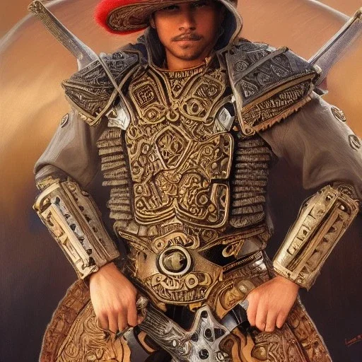 Full body portrait,"Insanely detailed photograph of an armored mariachi warrior with sword held high", intricate charo,detailed Sombrero, intricate D20 buttons, digital painting, artstation, concept art, smooth, sharp focus, illustration, art by artgerm and greg rutkowski and alphonse mucha, 8 k