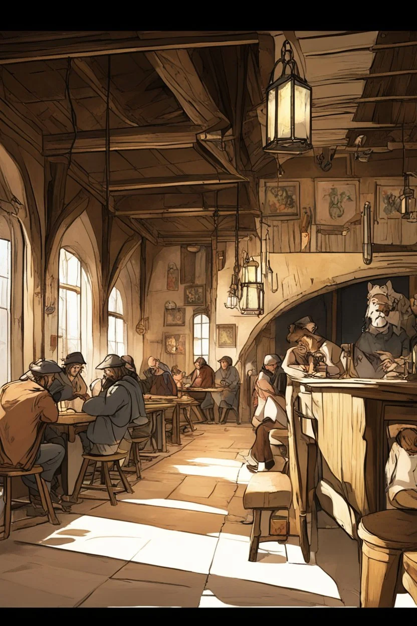 Lots of People sitting around tables in a medieval tavern with a stone floor, add people to the chairs