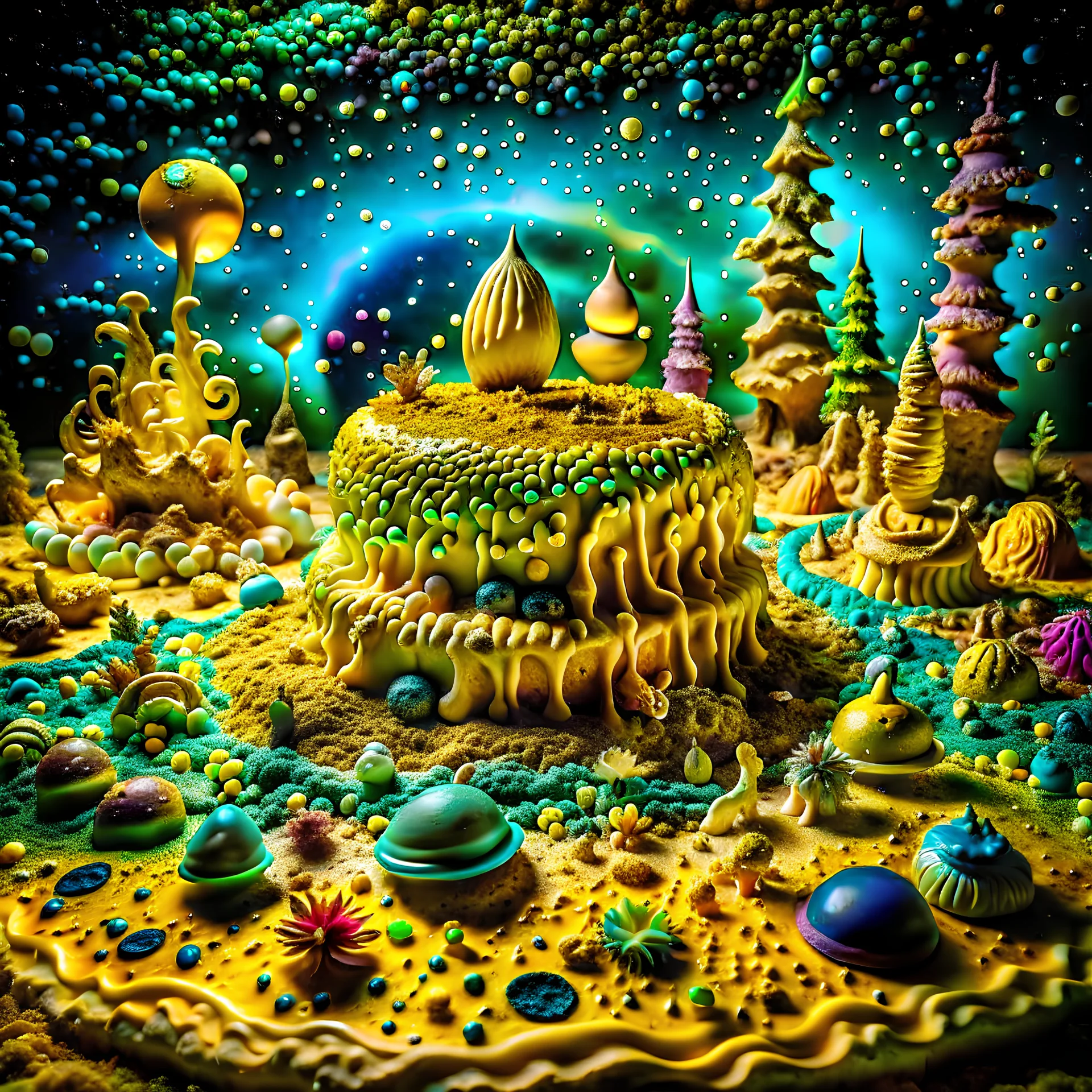 Detailed creepy landscape made of cake-frosting and modeling clay, stars and planets, Roger Dean, Tim Burton, strong texture, Ernst Haekel, extreme detail, Max Ernst, decal, rich moody colors, sparkles, bokeh, odd