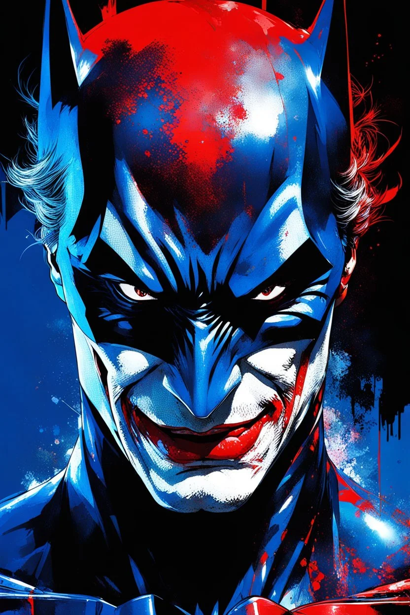 Poster, split in half, one side "batman", other side "joker", midline of the face, painting by Yoji Shinkawa, dark blue and red detailed iridescent, metallic, translucent, dramatic lighting, hyper futuristic, digital art,